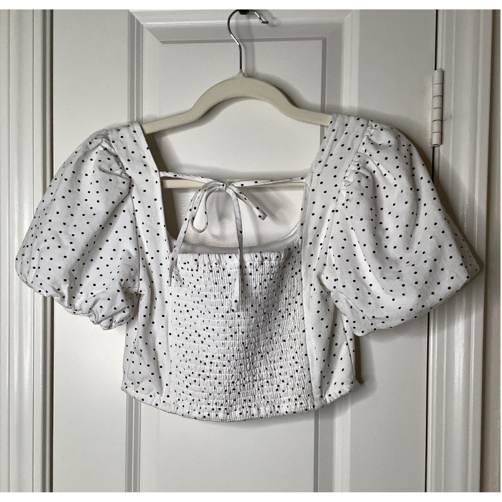 Midnight Sky Polka Dot Puff Sleeve Crop Top White Black Square Neck Smocked M